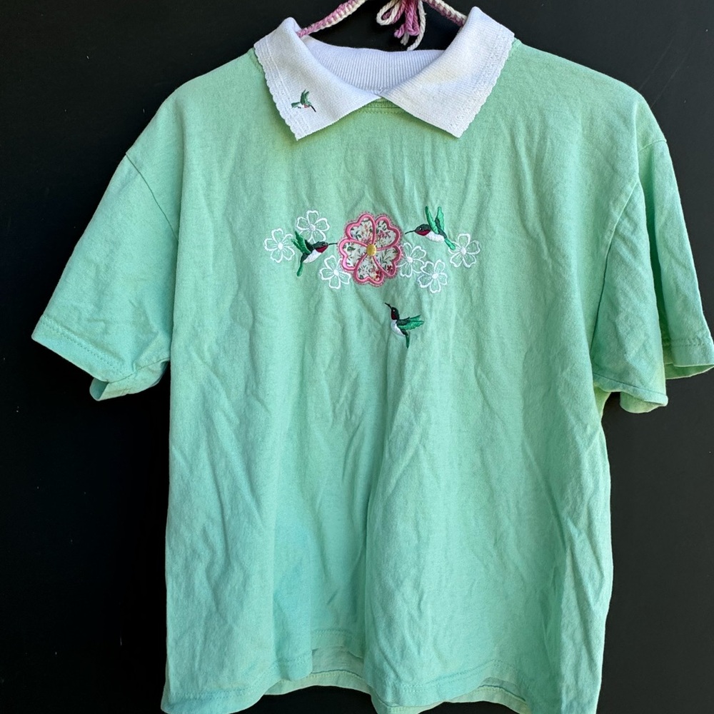 Vintage Mint Green Embroidered Collar Polo Shirt